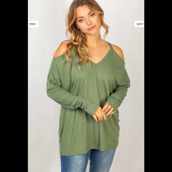 White Birch Cold Shoulder V-Neck Long Sleeve Ribbed Knit Top - Picture 6 of 6